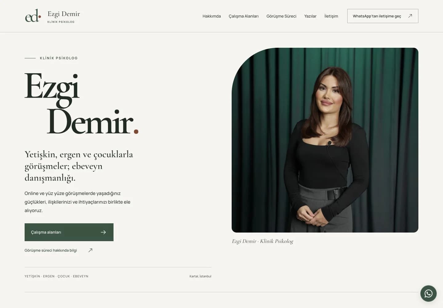 Psikolog Ezgi Demir’in krem ve yeşil tonlarıyla hazırlanan güncel ana sayfası ve portresi