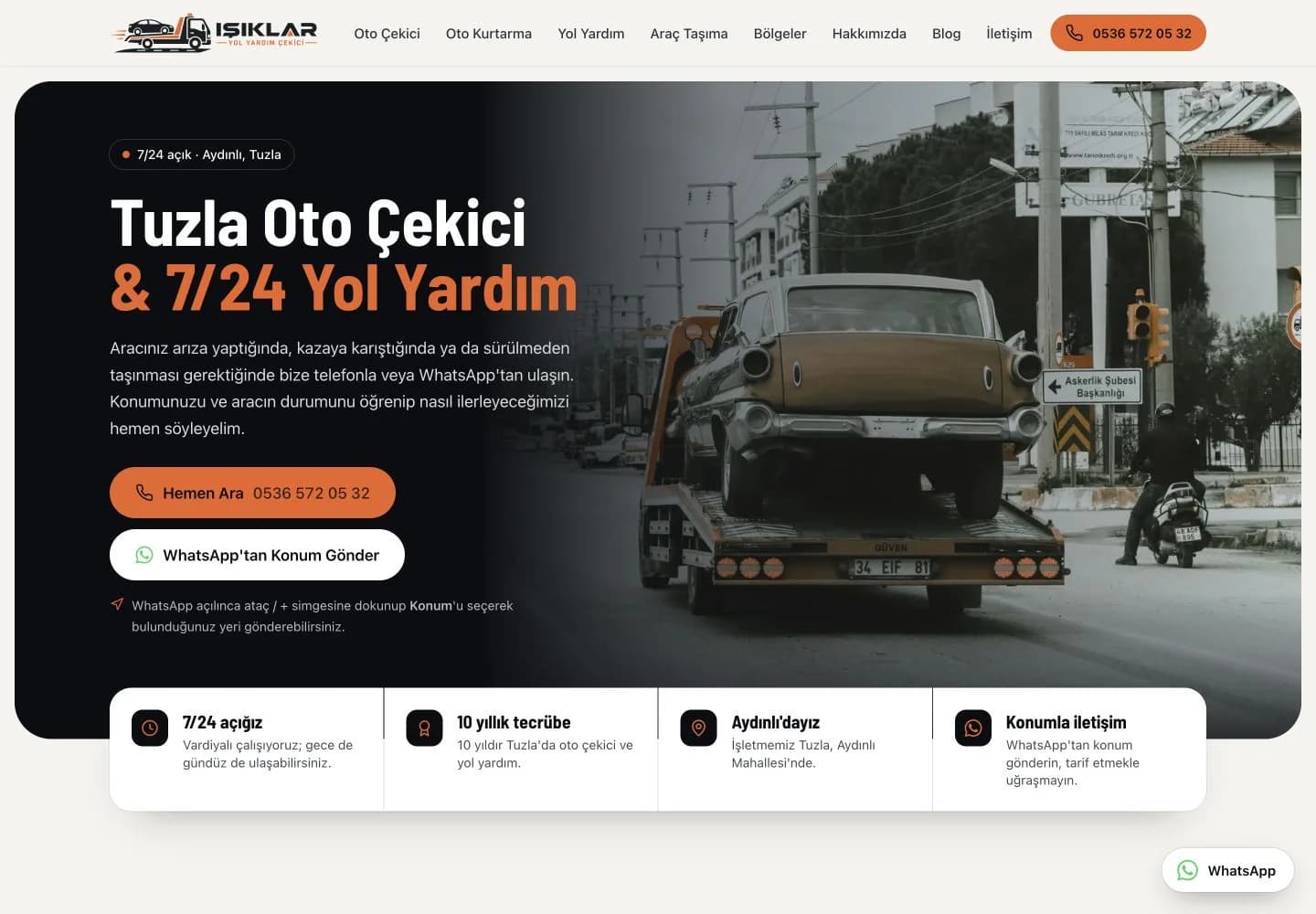 Tuzla Oto Çekici sitesinin turuncu ve siyah güncel ana sayfası, çekici aracı ve iletişim seçenekleri